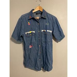 Vintage Cassees Shirt Womens Medium Denim Embroidery Buttons Craft 90s Wacky